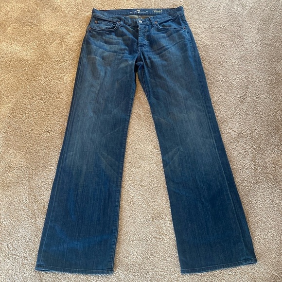 7 For All Mankind Button Fly Relaxed Flare Jeans Blue Size 31 TALL 32” - Picture 1 of 12